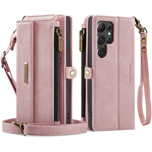 CASEME For Samsung Galaxy S22 Ultra 5G Case  C39 RFID Blocking Zipper Wallet Stand Leather Cover with Strap - Pink - 2