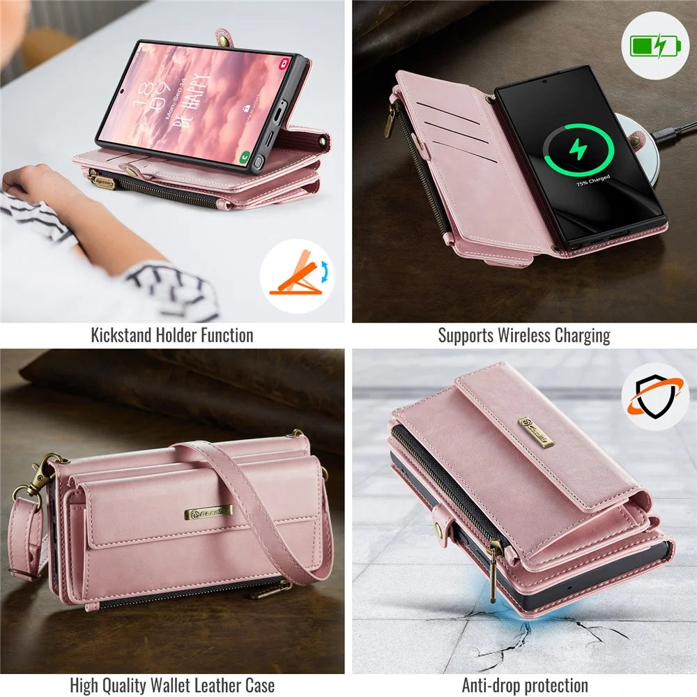 CASEME For Samsung Galaxy S22 Ultra 5G Case  C39 RFID Blocking Zipper Wallet Stand Leather Cover with Strap - Pink - 4