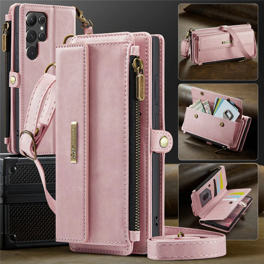 CASEME For Samsung Galaxy S22 Ultra 5G Case  C39 RFID Blocking Zipper Wallet Stand Leather Cover with Strap - Pink - 5