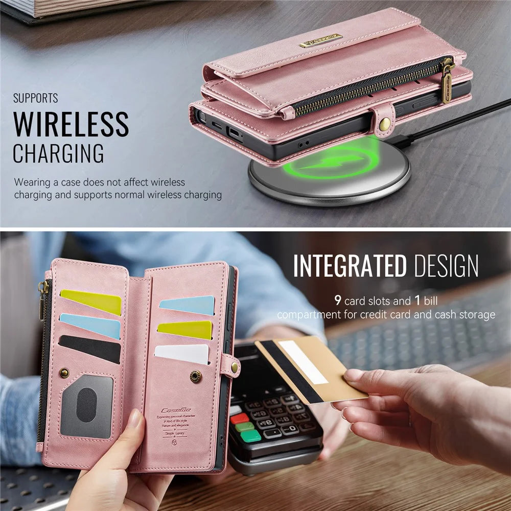 CASEME For Samsung Galaxy S22 Ultra 5G Case  C39 RFID Blocking Zipper Wallet Stand Leather Cover with Strap - Pink - 6