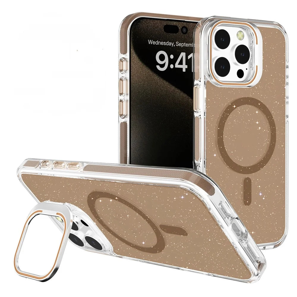 For iPhone 16 Pro Max Case Compatible with MagSafe Lens Kicktand Glitter PC Phone Cover - Gold - 1