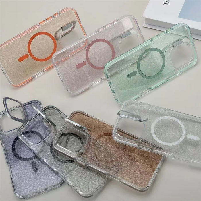 For iPhone 16 Pro Max Case Compatible with MagSafe Lens Kicktand Glitter PC Phone Cover - Gold - 4