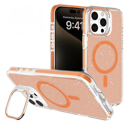 For iPhone 16 Pro Case Compatible with MagSafe Lens Kicktand Glitter PC Phone Cover - Orange - 1