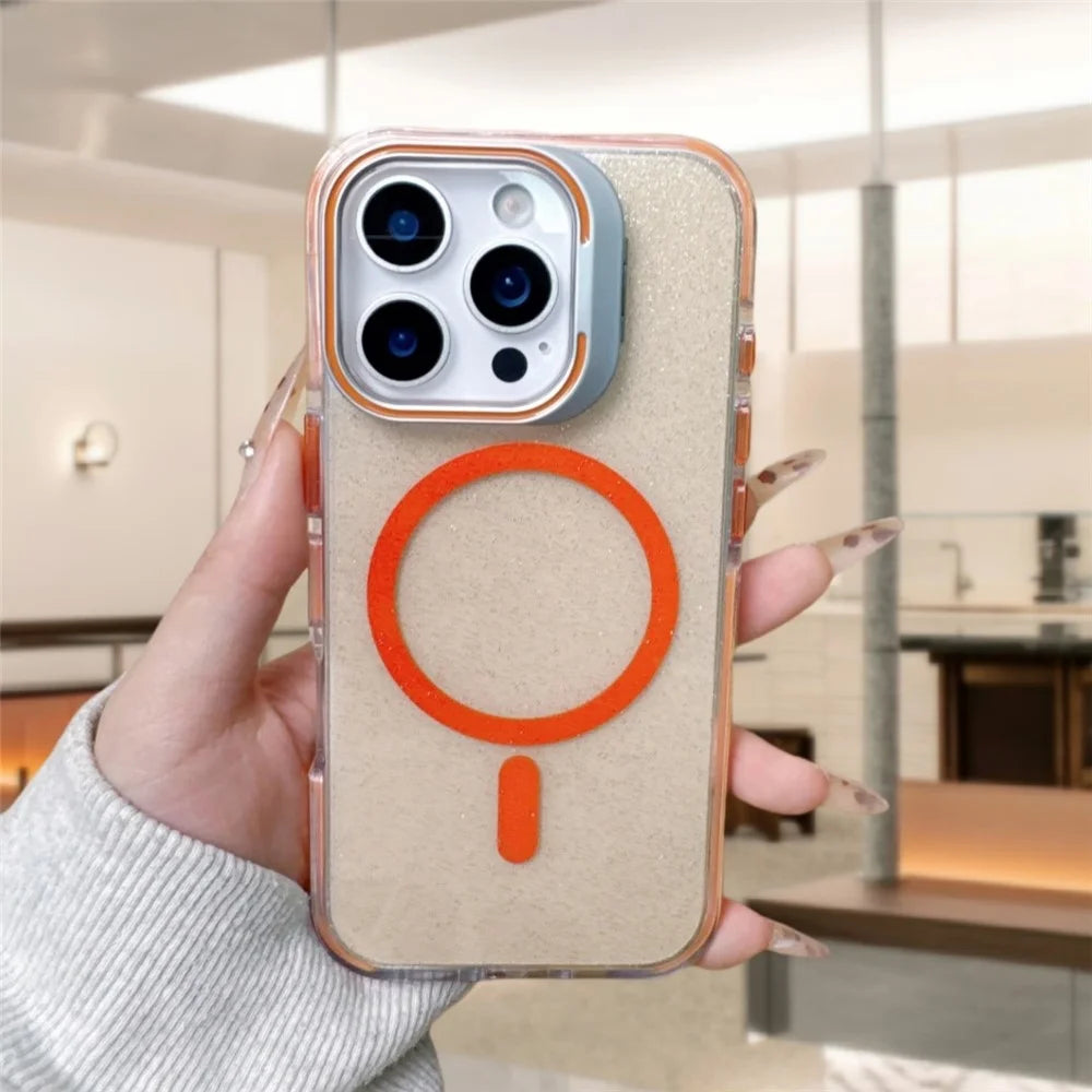 For iPhone 16 Pro Case Compatible with MagSafe Lens Kicktand Glitter PC Phone Cover - Orange - 2