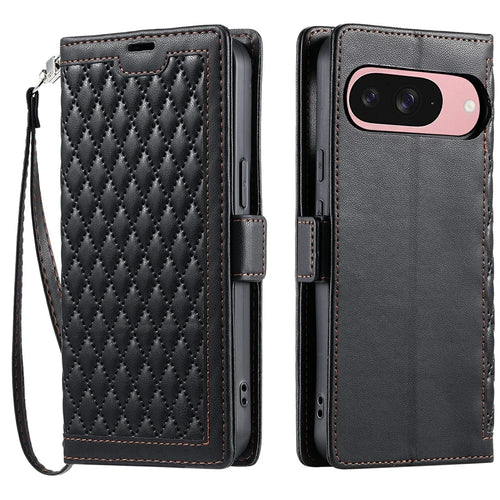 For Google Pixel 9 Pro  /  Pixel 9 Leather Case Rhombus Texture Wallet Stand Phone Cover with Wrist Strap - Black - 1