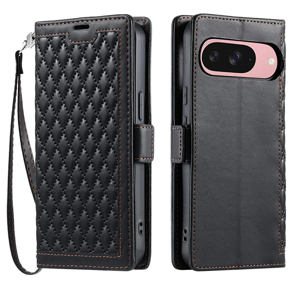 For Google Pixel 9 Pro  /  Pixel 9 Leather Case Rhombus Texture Wallet Stand Phone Cover with Wrist Strap - Black - 1