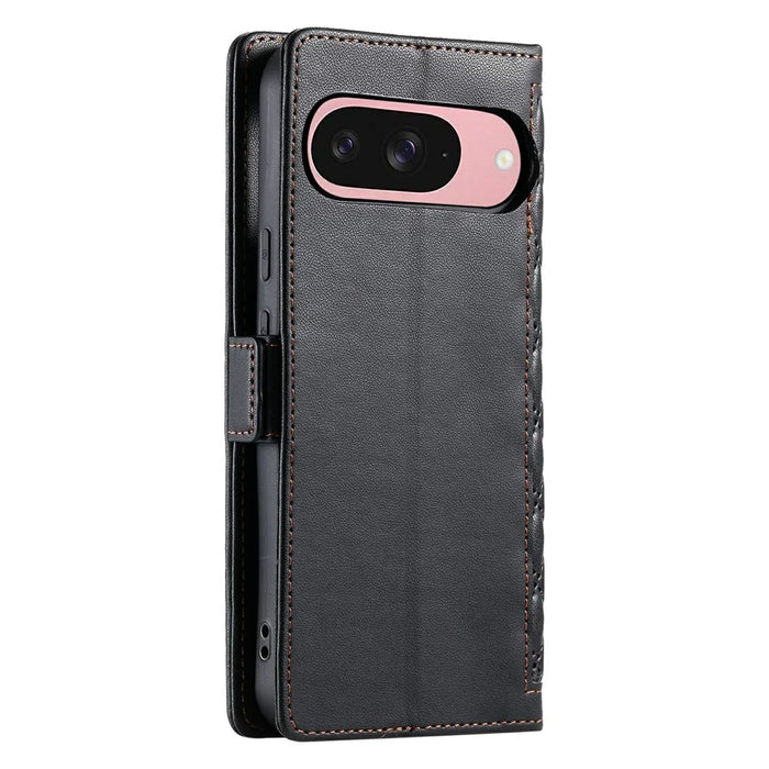 For Google Pixel 9 Pro  /  Pixel 9 Leather Case Rhombus Texture Wallet Stand Phone Cover with Wrist Strap - Black - 7