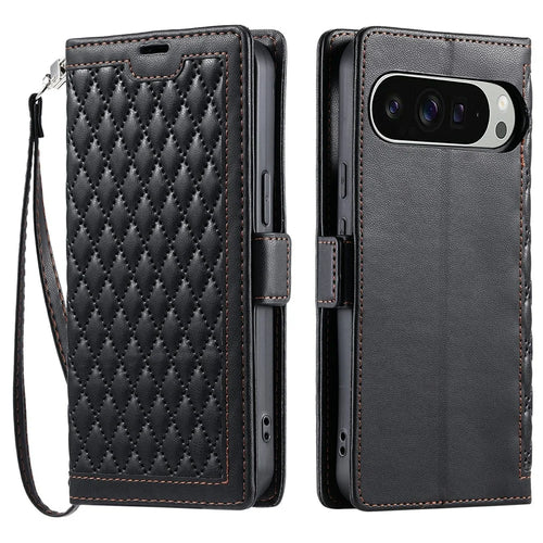 For Google Pixel 9 Pro XL Leather Case Rhombus Texture Wallet Stand Phone Cover with Wrist Strap - Black - 1