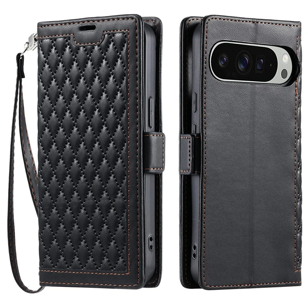For Google Pixel 9 Pro XL Leather Case Rhombus Texture Wallet Stand Phone Cover with Wrist Strap - Black - 1