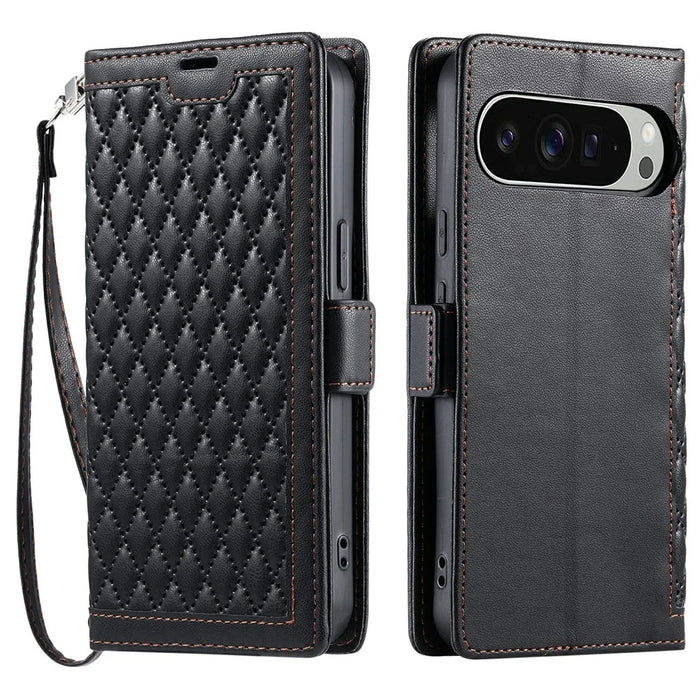 For Google Pixel 9 Pro XL Leather Case Rhombus Texture Wallet Stand Phone Cover with Wrist Strap - Black - 1