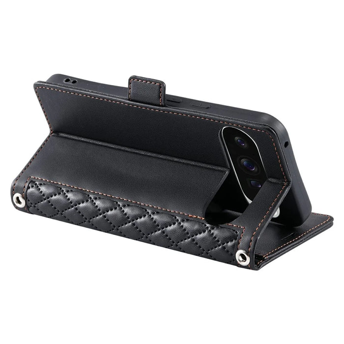 For Google Pixel 9 Pro XL Leather Case Rhombus Texture Wallet Stand Phone Cover with Wrist Strap - Black - 4