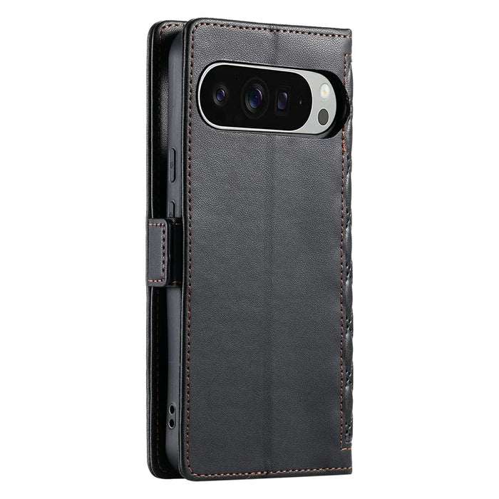 For Google Pixel 9 Pro XL Leather Case Rhombus Texture Wallet Stand Phone Cover with Wrist Strap - Black - 7