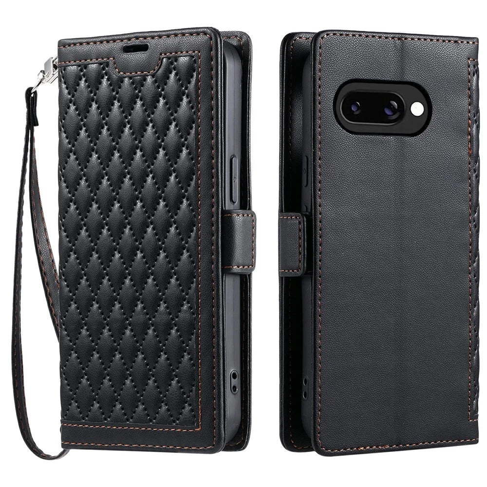 For Google Pixel 9a Leather Case Rhombus Texture Wallet Stand Phone Cover with Wrist Strap - Black - 1