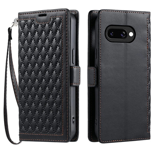 For Google Pixel 9a Leather Case Rhombus Texture Wallet Stand Phone Cover with Wrist Strap - Black - 1