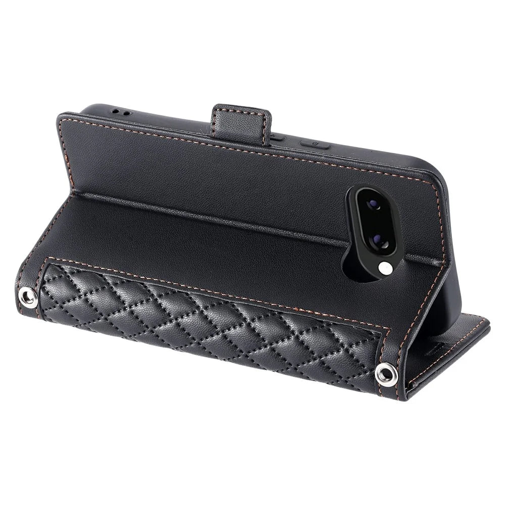 For Google Pixel 9a Leather Case Rhombus Texture Wallet Stand Phone Cover with Wrist Strap - Black - 4