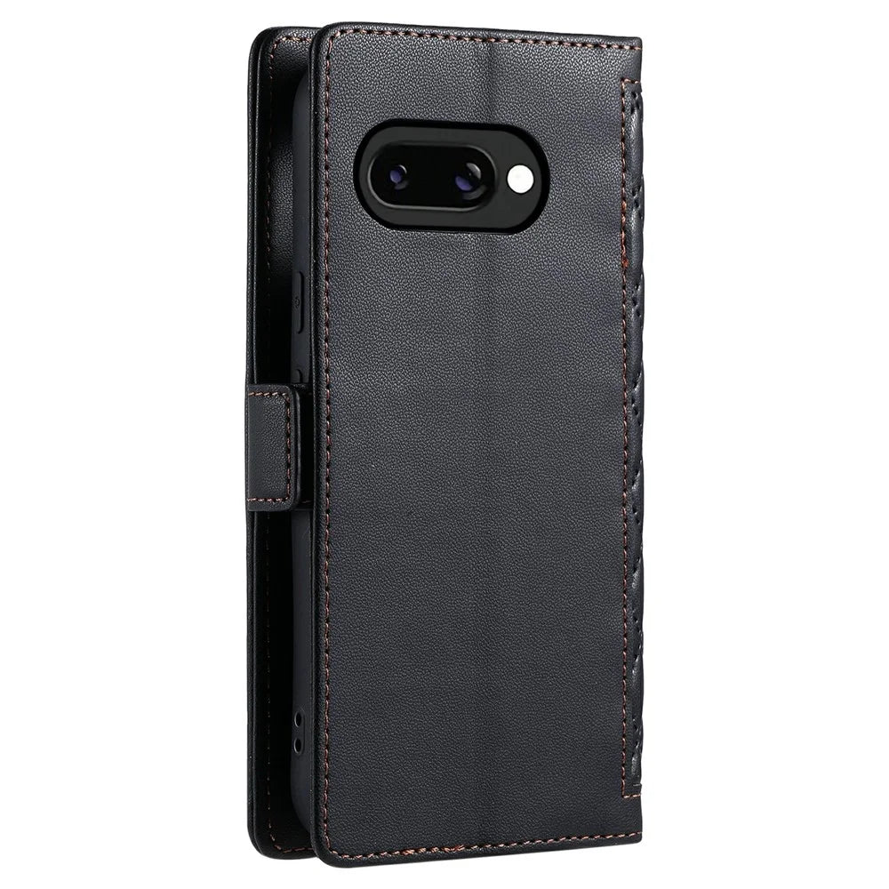 For Google Pixel 9a Leather Case Rhombus Texture Wallet Stand Phone Cover with Wrist Strap - Black - 7