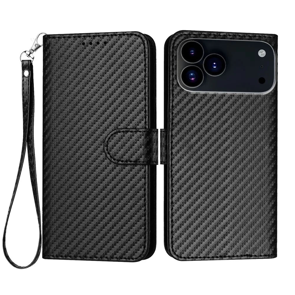 For iPhone 17 Pro Wallet Case with Strap Carbon Fiber Texture Leather Mobile Cover - Black - 1
