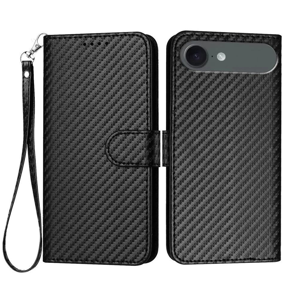 For iPhone Air Wallet Case with Strap Carbon Fiber Texture Leather Mobile Cover - Black - 1