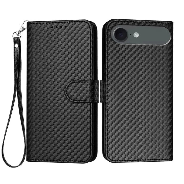For iPhone Air Wallet Case with Strap Carbon Fiber Texture Leather Mobile Cover - Black - 1