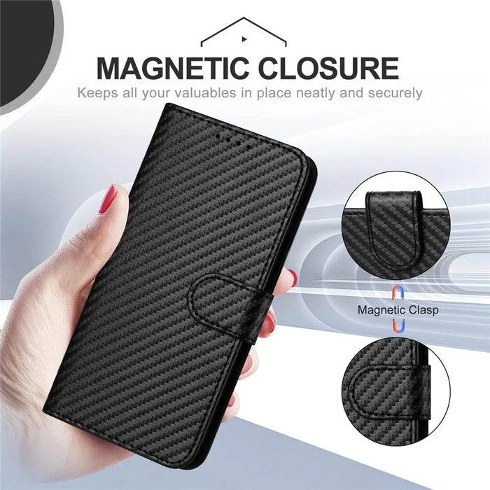 For iPhone Air Wallet Case with Strap Carbon Fiber Texture Leather Mobile Cover - Black - 6