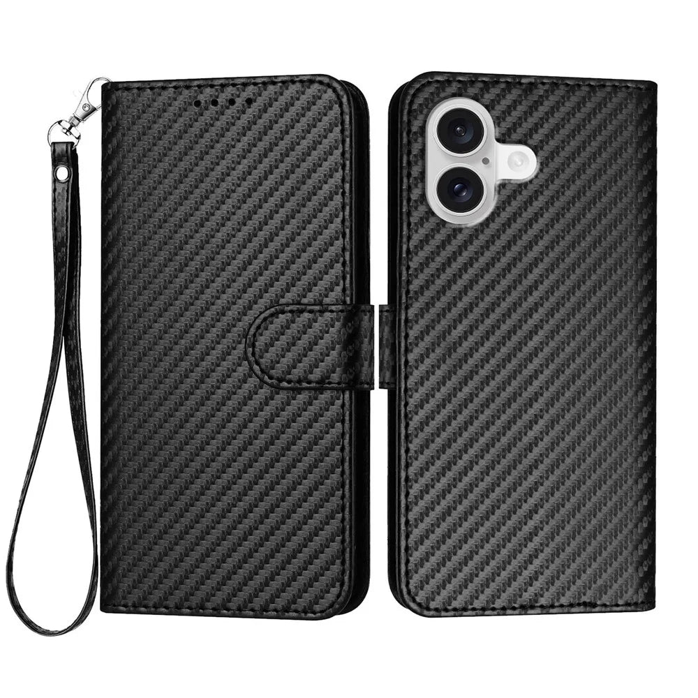 For iPhone 17 Wallet Case with Strap Carbon Fiber Texture Leather Mobile Cover - Black - 1