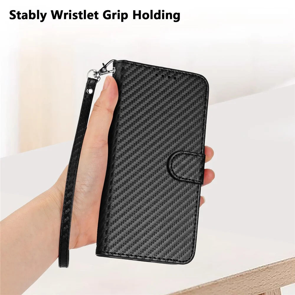 For iPhone 17 Wallet Case with Strap Carbon Fiber Texture Leather Mobile Cover - Black - 5