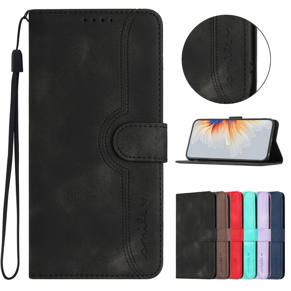 For iPhone 17 Pro Leather Case Wallet Stand Smile Imprinted Phone Cover with Strap - Black - 2