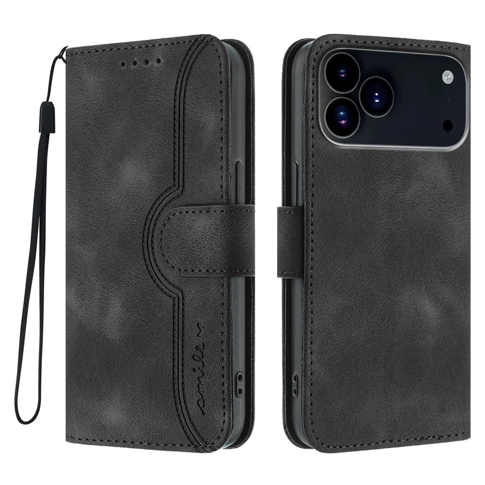 For iPhone 17 Pro Max Leather Case Wallet Stand Smile Imprinted Phone Cover with Strap - Black - 1