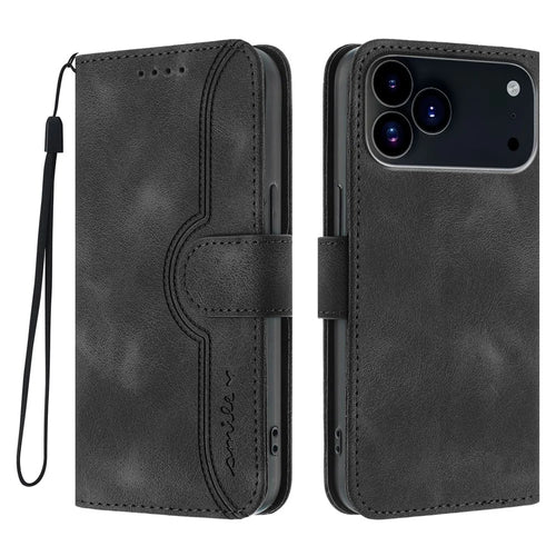 For iPhone 17 Pro Max Leather Case Wallet Stand Smile Imprinted Phone Cover with Strap - Black - 1