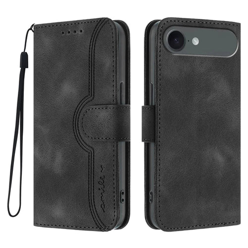 For iPhone Air Leather Case Wallet Stand Smile Imprinted Phone Cover with Strap - Black - 1