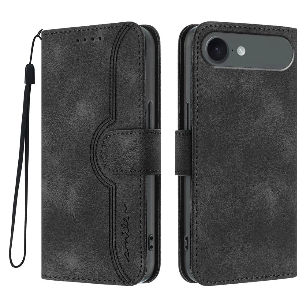For iPhone Air Leather Case Wallet Stand Smile Imprinted Phone Cover with Strap - Black - 1