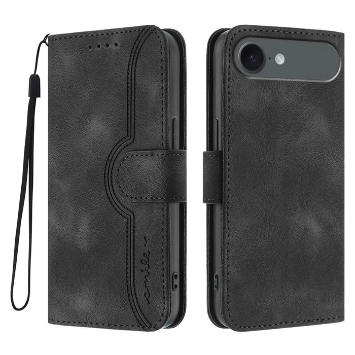 For iPhone Air Leather Case Wallet Stand Smile Imprinted Phone Cover with Strap - Black - 1