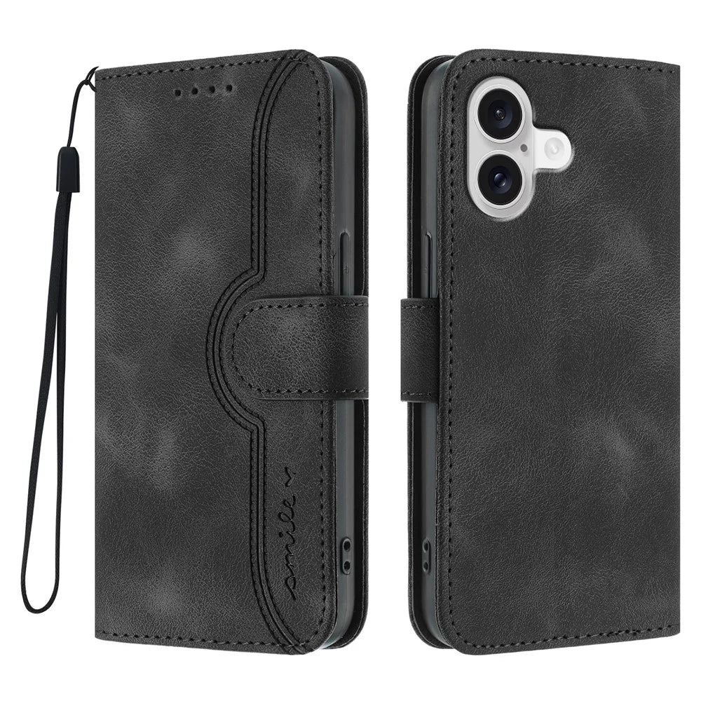 For iPhone 17 Leather Case Wallet Stand Smile Imprinted Phone Cover with Strap - Black - 1