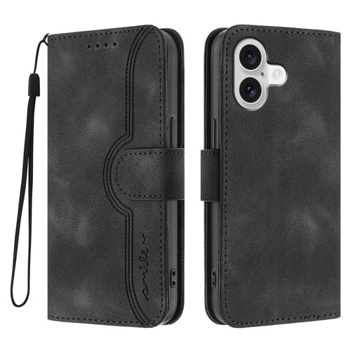 For iPhone 17 Leather Case Wallet Stand Smile Imprinted Phone Cover with Strap - Black - 1