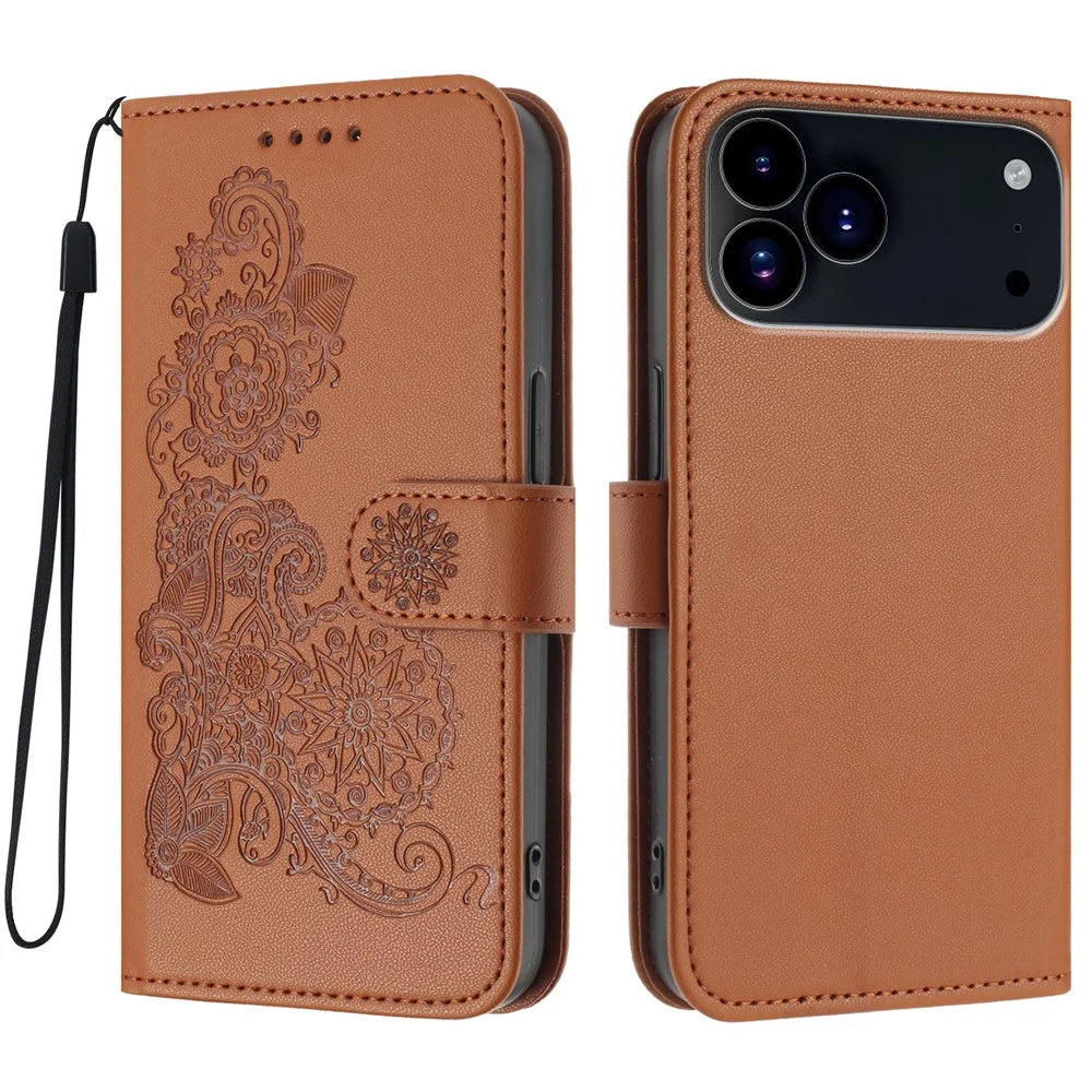 For iPhone 17 Pro Phone Cases Mandala Flower Leather Wallet Mobile Cover with Strap - Coffee - 1