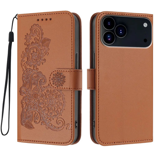 For iPhone 17 Pro Phone Cases Mandala Flower Leather Wallet Mobile Cover with Strap - Coffee - 1