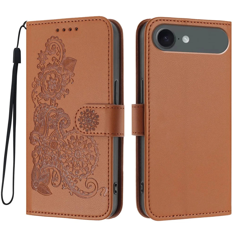 For iPhone Air Phone Cases Mandala Flower Leather Wallet Mobile Cover with Strap - Coffee - 1