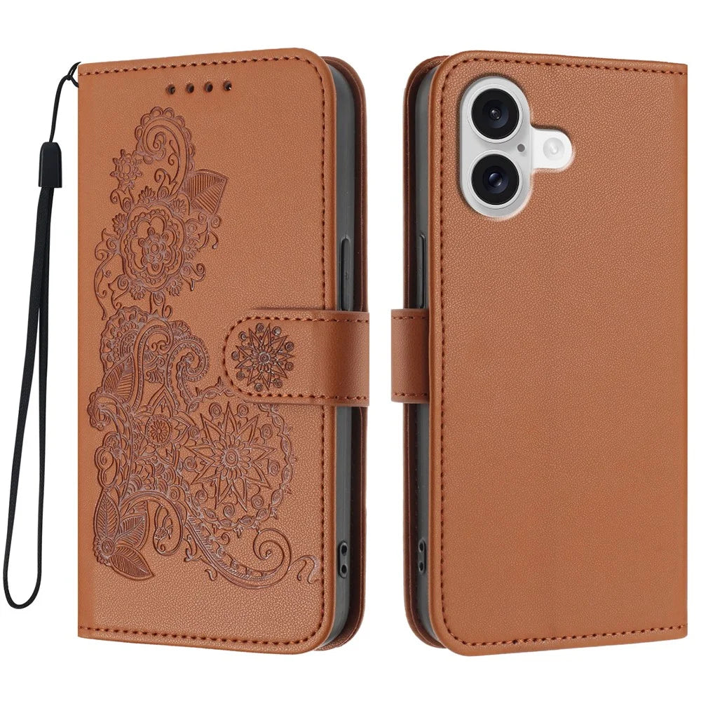 For iPhone 17 Phone Cases Mandala Flower Leather Wallet Mobile Cover with Strap - Coffee - 1