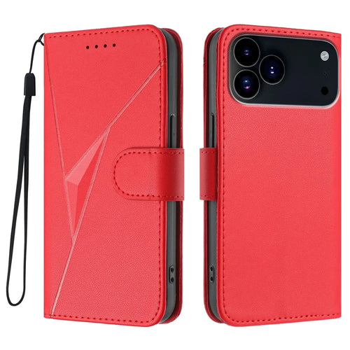 For iPhone 17 Pro Max Case Triangle Imprint Leather Phone Cover with Lanyard - Red - 1