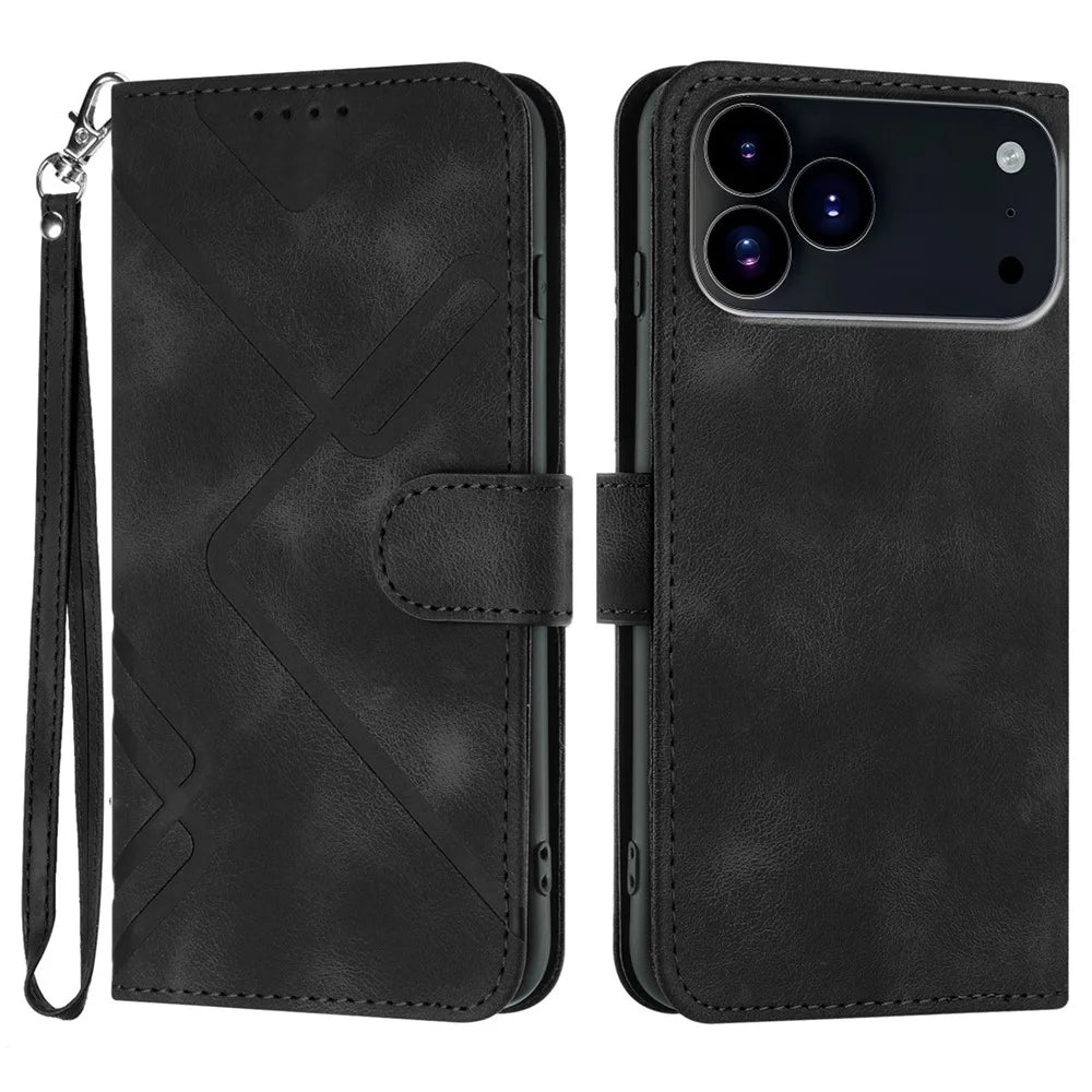 For iPhone 17 Pro Wallet Case Line Imprinted PU Leather Phone Cover with Strap - Black - 1