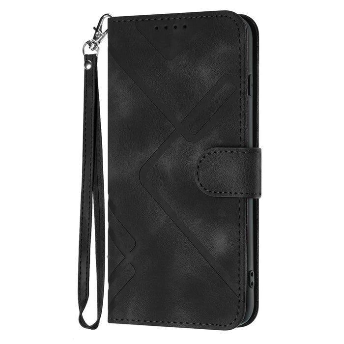 For iPhone 17 Pro Wallet Case Line Imprinted PU Leather Phone Cover with Strap - Black - 3