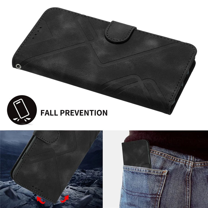 For iPhone 17 Pro Wallet Case Line Imprinted PU Leather Phone Cover with Strap - Black - 6
