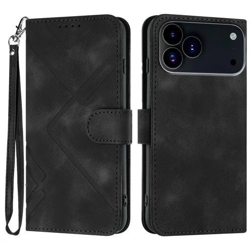 For iPhone 17 Pro Max Wallet Case Line Imprinted PU Leather Phone Cover with Strap - Black - 1