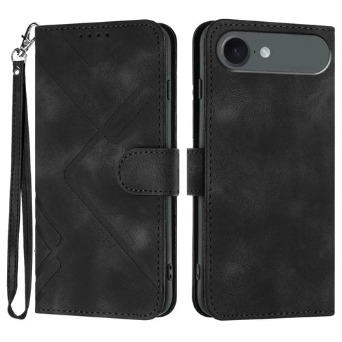 For iPhone Air Wallet Case Line Imprinted PU Leather Phone Cover with Strap - Black - 1