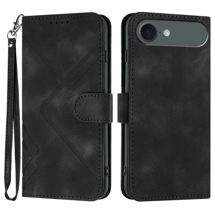 For iPhone Air Wallet Case Line Imprinted PU Leather Phone Cover with Strap - Black - 1