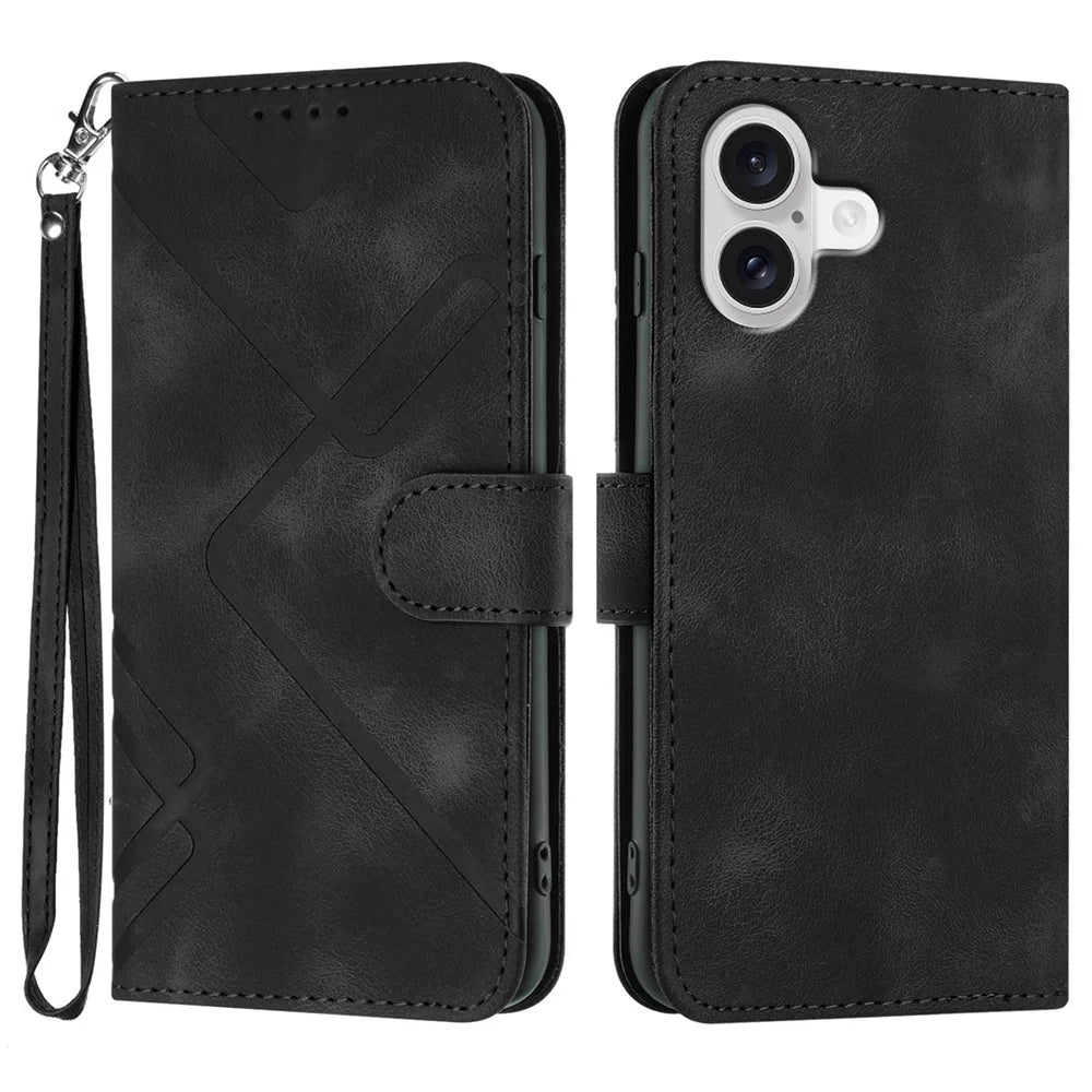 For iPhone 17 Wallet Case Line Imprinted PU Leather Phone Cover with Strap - Black - 1