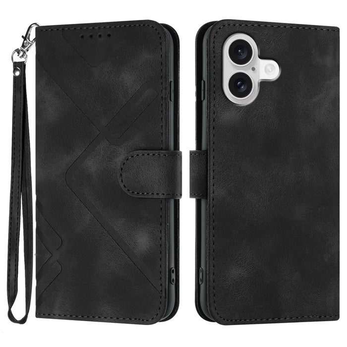 For iPhone 17 Wallet Case Line Imprinted PU Leather Phone Cover with Strap - Black - 1