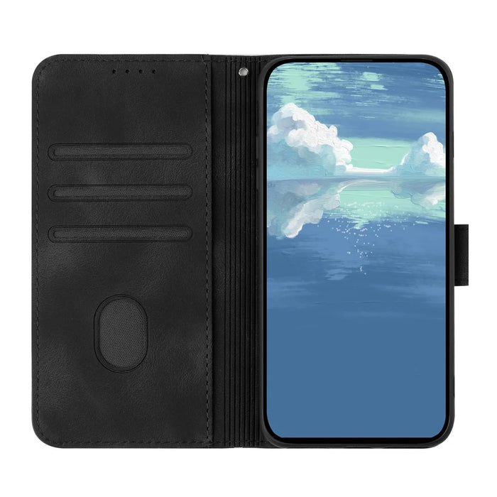 For iPhone 17 Wallet Case Line Imprinted PU Leather Phone Cover with Strap - Black - 5