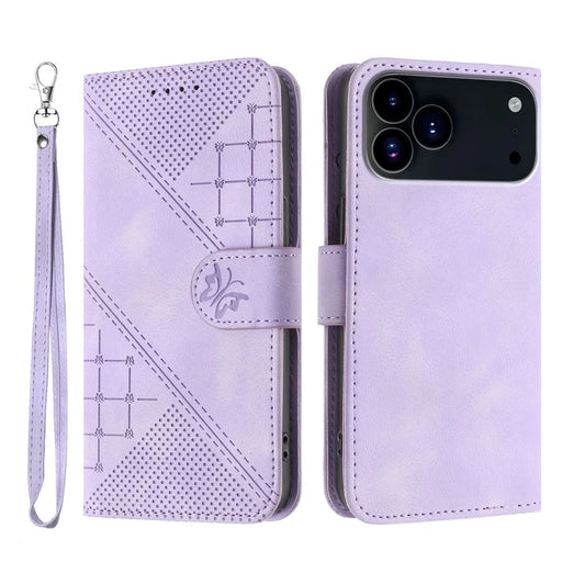 For iPhone 17 Pro Leather Wallet Case Butterfly Flower Imprinted Phone Cover with Strap - Purple - 1