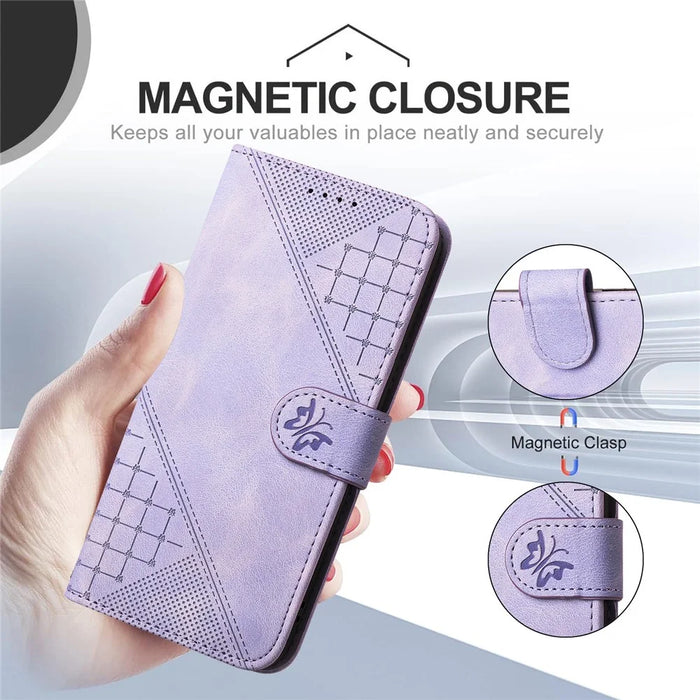 For iPhone 17 Pro Leather Wallet Case Butterfly Flower Imprinted Phone Cover with Strap - Purple - 2